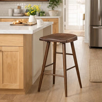 Vira 30 Inch Bar Stool Set of 2, Saddle Seat w Footrest, Brown Wood - BM351880