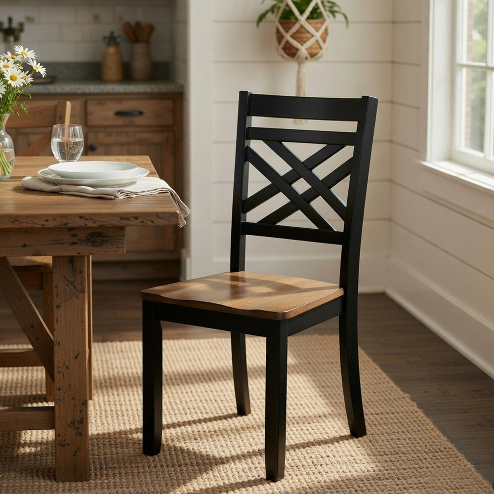 Teny Side Chair Set of 2, Lattice Back, Countered Seat, Brown and Black - BM351892