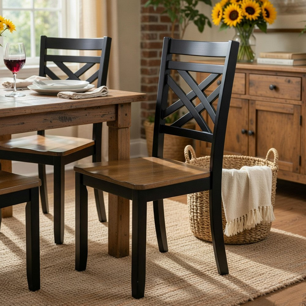 Teny Side Chair Set of 2, Lattice Back, Countered Seat, Brown and Black - BM351892