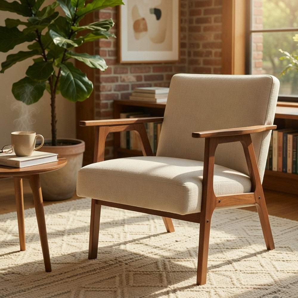 Cathy Accent Chair, Foam Cushions, Beige Polyester, Walnut Brown Arms - BM351896