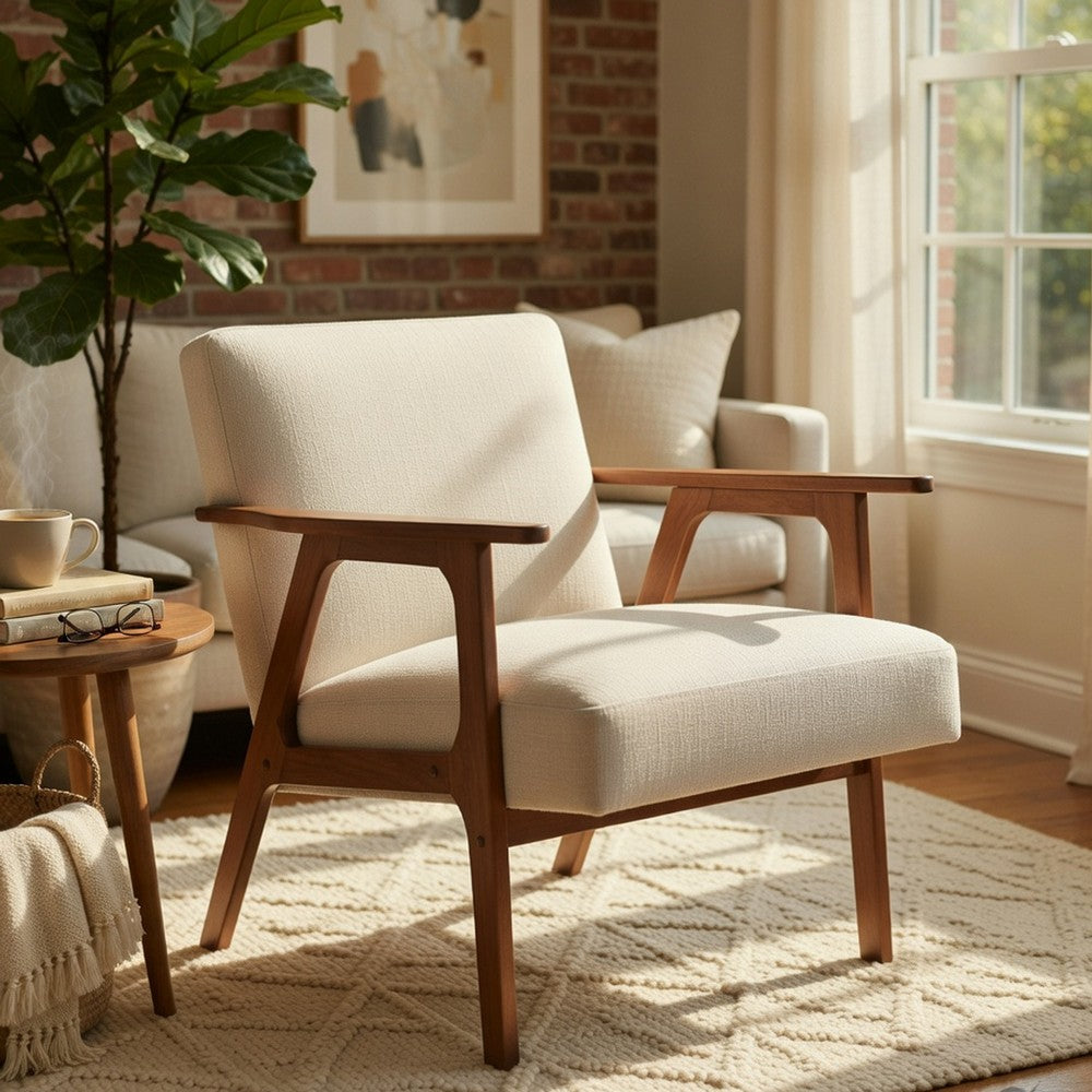 Cathy Accent Chair, Foam Cushions, Beige Polyester, Walnut Brown Arms - BM351896