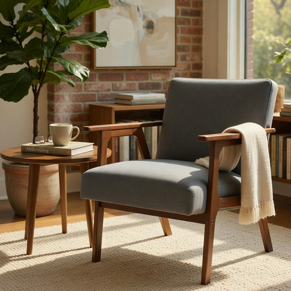 Cathy Accent Chair, Foam Cushions, Dark Gray Polyester, Walnut Brown Arms - BM351897