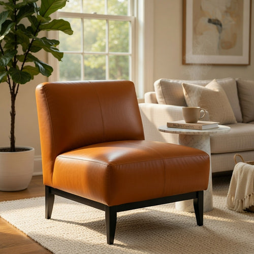 Hozy Accent Chair, Foam Fill Top Grain Buffalo Leather, Black and Orange - BM351898