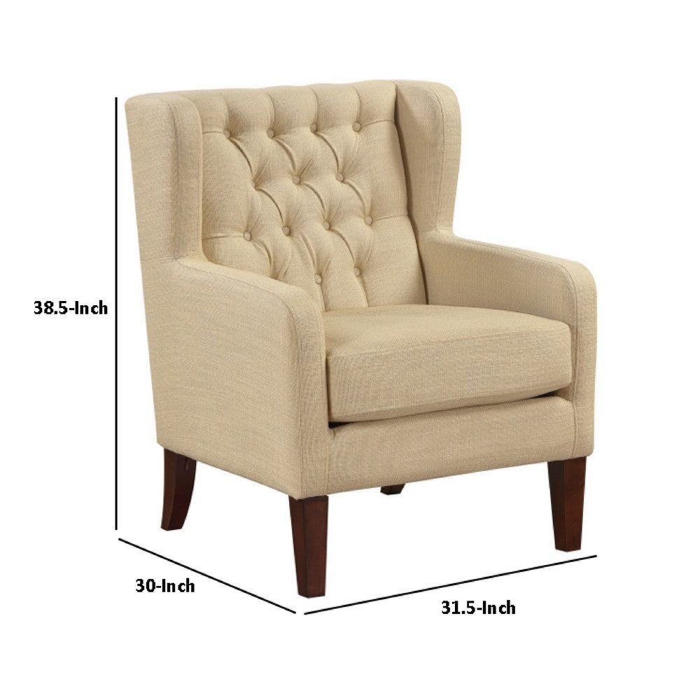 Russ Wingback Accent Chair, Foam Cushions, Tufted Beige Polyester, Brown - BM351899
