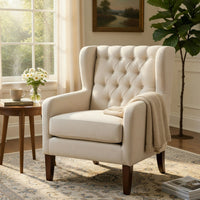 Russ Wingback Accent Chair, Foam Cushions, Tufted Beige Polyester, Brown - BM351899