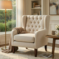 Russ Wingback Accent Chair, Foam Cushions, Tufted Beige Polyester, Brown - BM351899