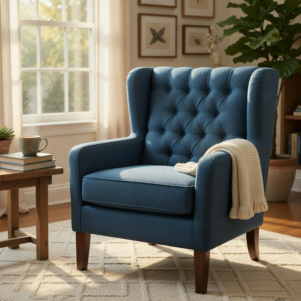 Russ Wingback Accent Chair, Foam Cushions, Tufted Blue Polyester, Brown - BM351900