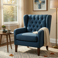 Russ Wingback Accent Chair, Foam Cushions, Tufted Blue Polyester, Brown - BM351900