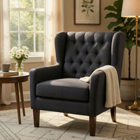 Russ Wingback Accent Chair, Foam Fill, Tufted Dark Gray Polyester, Brown - BM351901