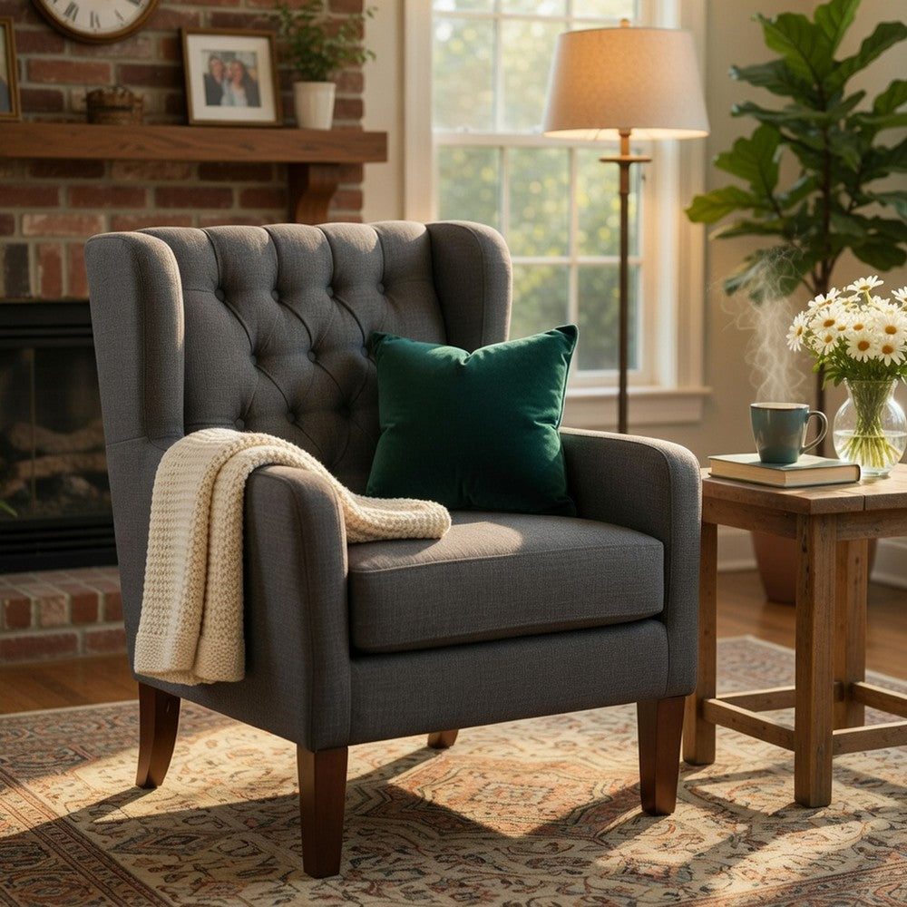 Russ Wingback Accent Chair, Foam Fill, Tufted Dark Gray Polyester, Brown - BM351901