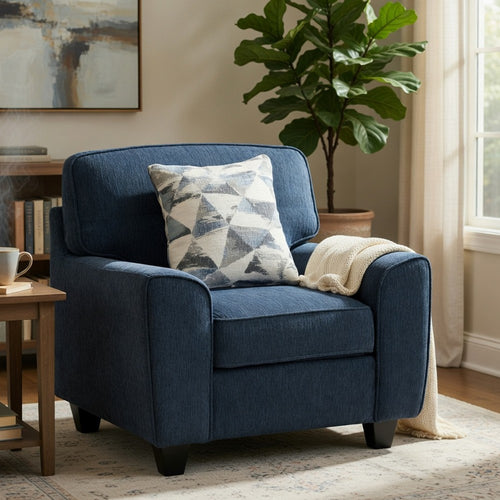Beny Accent Chair w Pillow, Track Arms, Foam Fill Blue Chenille, Black - BM351902