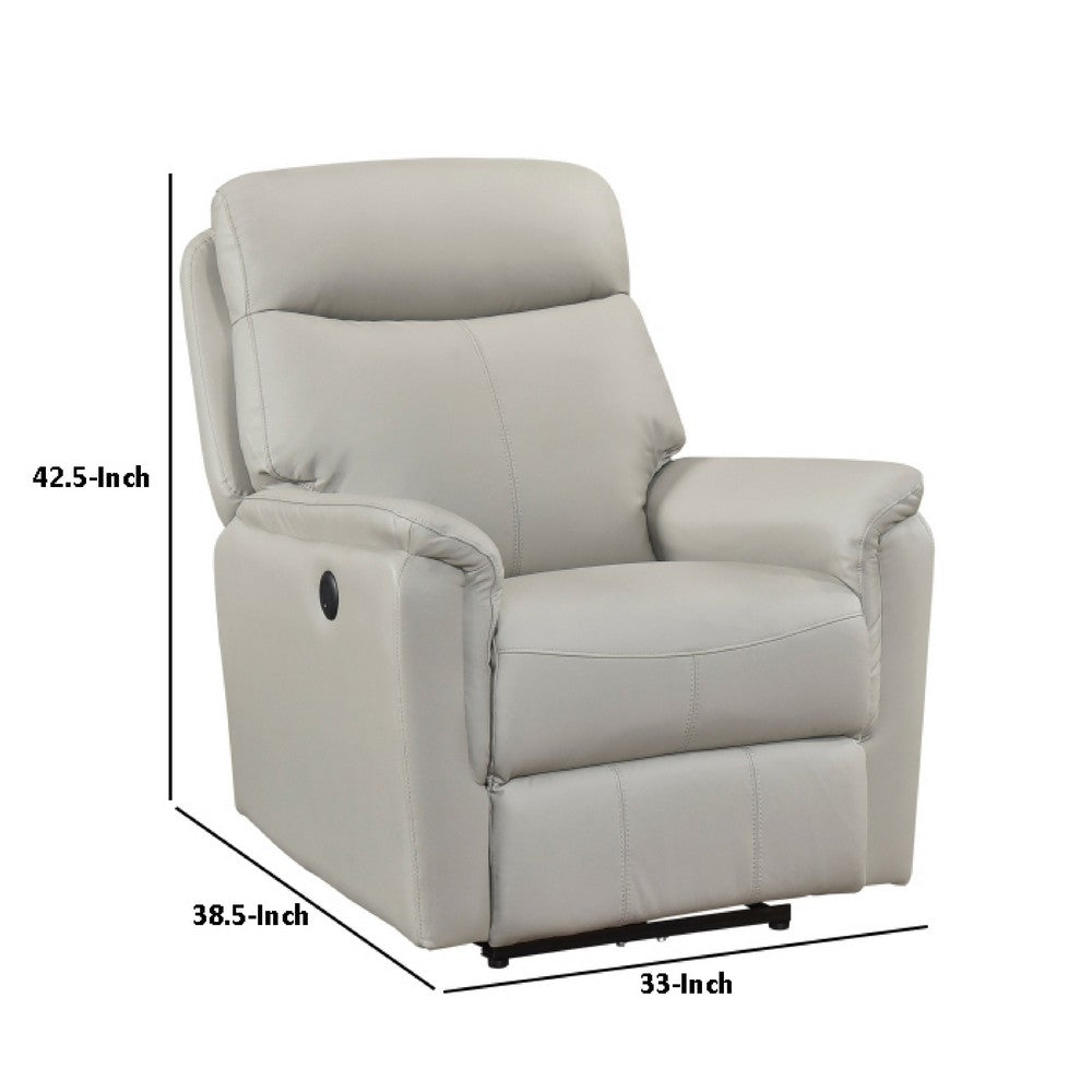 Lea Power Recliner Chair w USB, Foam Fill Light Gray Top Grain Leather - BM351908