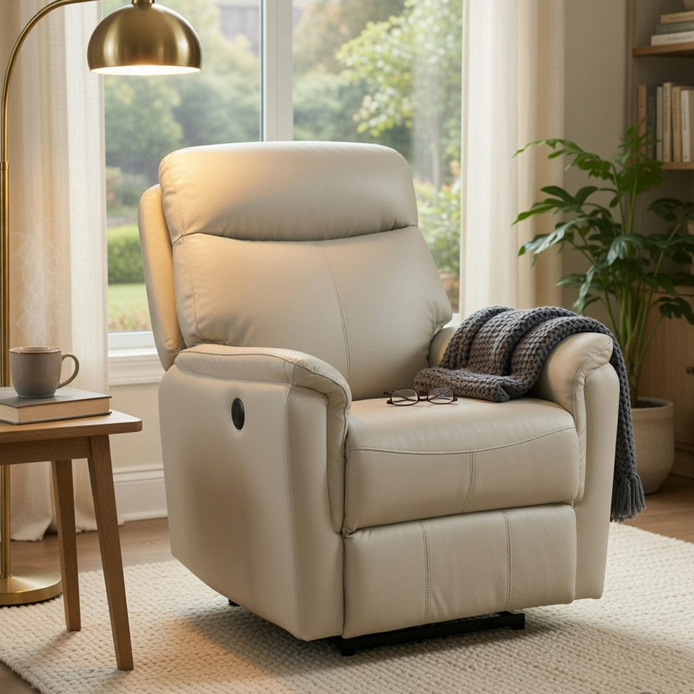 Lea Power Recliner Chair w USB, Foam Fill Light Gray Top Grain Leather - BM351908