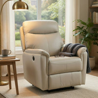 Lea Power Recliner Chair w USB, Foam Fill Light Gray Top Grain Leather - BM351908