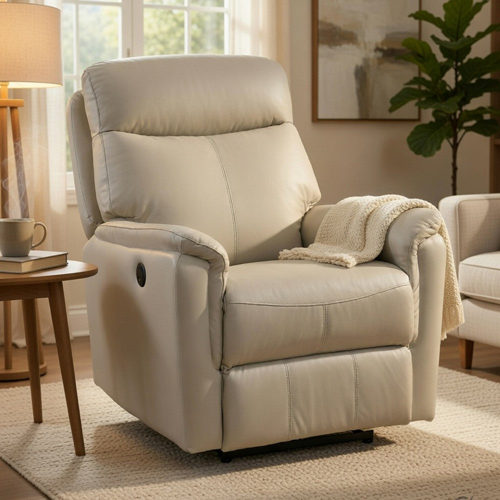 Lea Power Recliner Chair w USB, Foam Fill Light Gray Top Grain Leather - BM351908