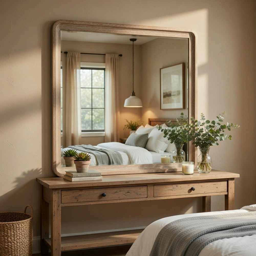Wily Vanity Dresser Mirror, Natural Brown Oak Veneer Frame, 37 x 42 - BM351911