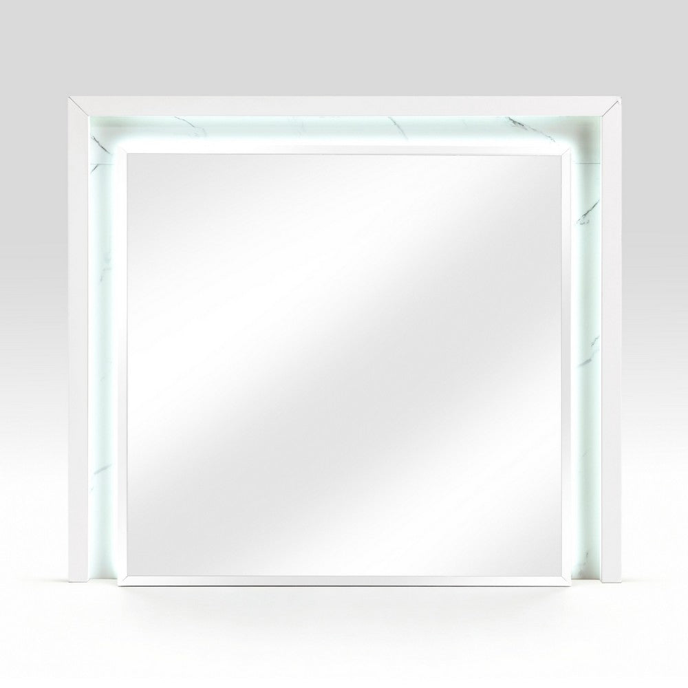 Cyna Dresser Mirror, LED Faux Marble Panels, High Gloss White 39 x 44 - BM351917