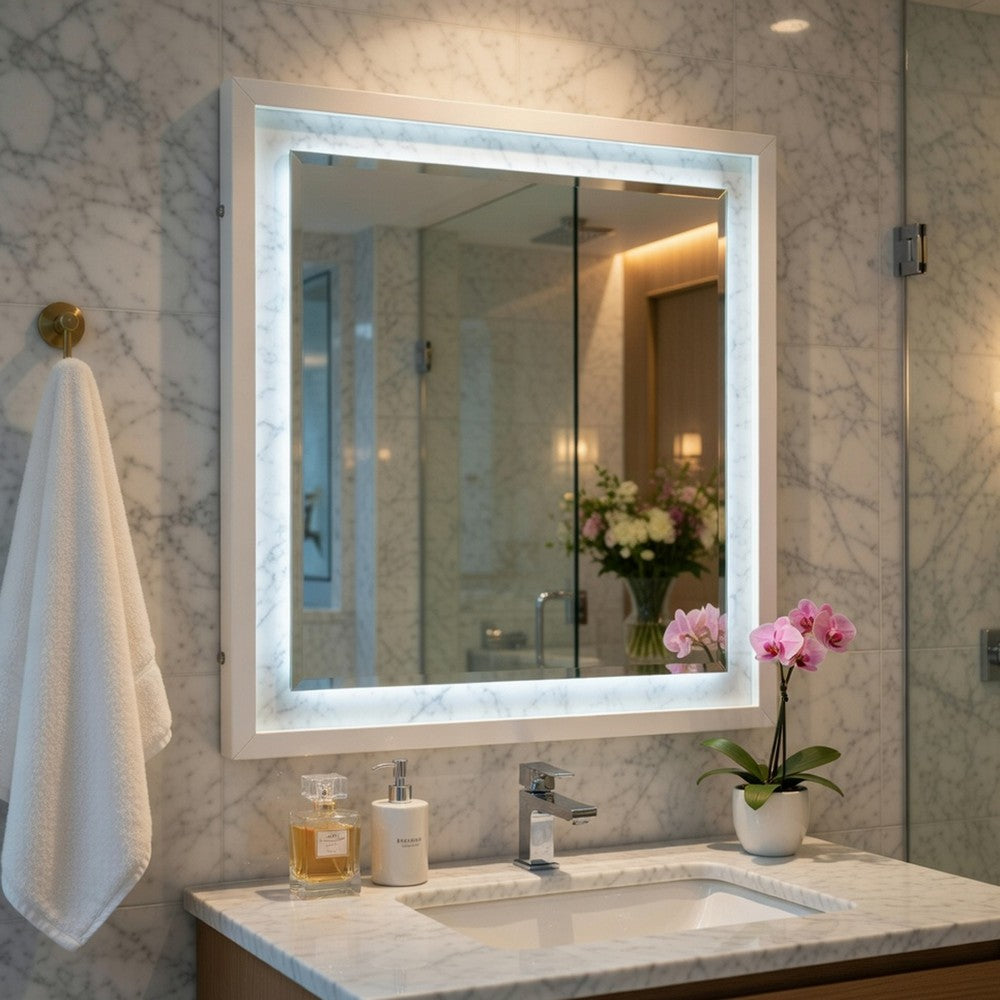 Cyna Dresser Mirror, LED Faux Marble Panels, High Gloss White 39 x 44 - BM351917