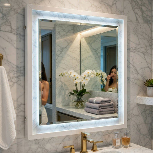 Cyna Dresser Mirror, LED Faux Marble Panels, High Gloss White 39 x 44 - BM351917