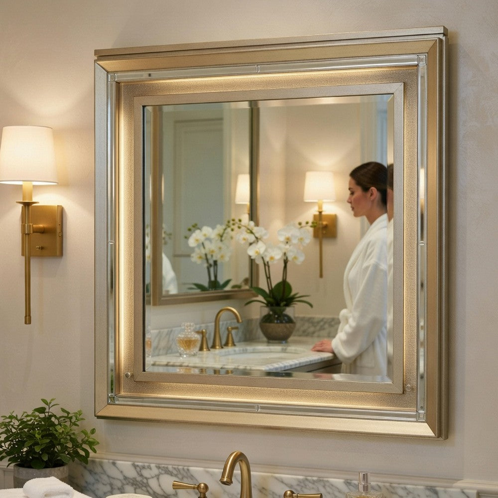 Loy Vanity Dresser Mirror,Metallic Champagne Gray, LED Frame 38 x 38 - BM351919