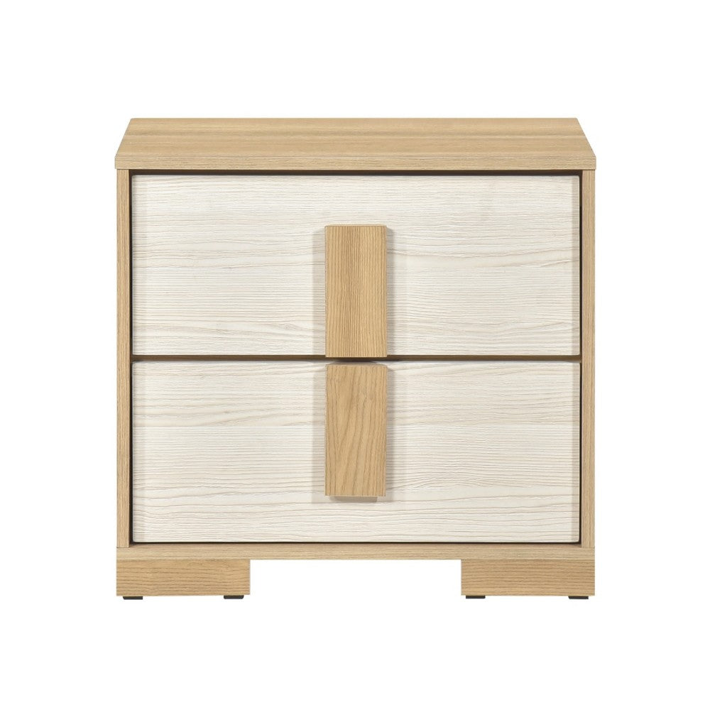 Kery Nighstand, 2 Drawers w Board Handles, Natural Brown & White Wood - BM351934