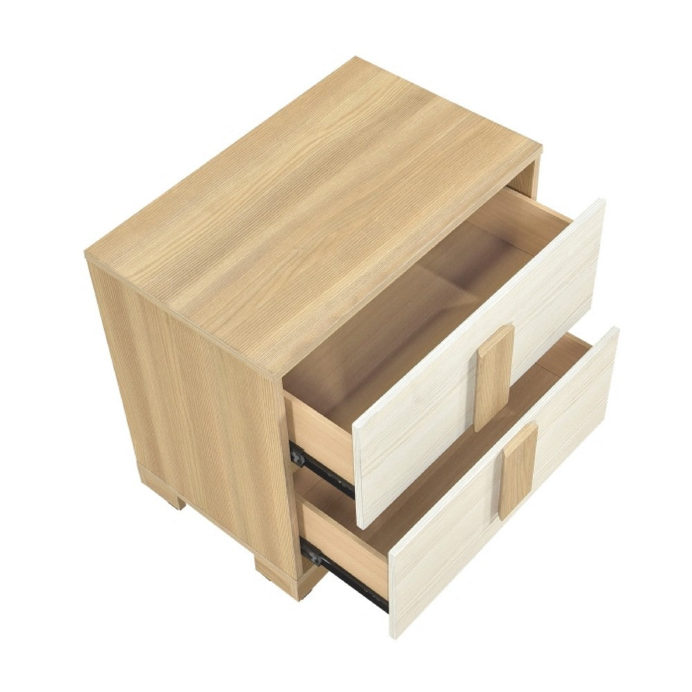 Kery Nighstand, 2 Drawers w Board Handles, Natural Brown & White Wood - BM351934