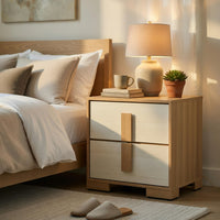 Kery Nighstand, 2 Drawers w Board Handles, Natural Brown & White Wood - BM351934