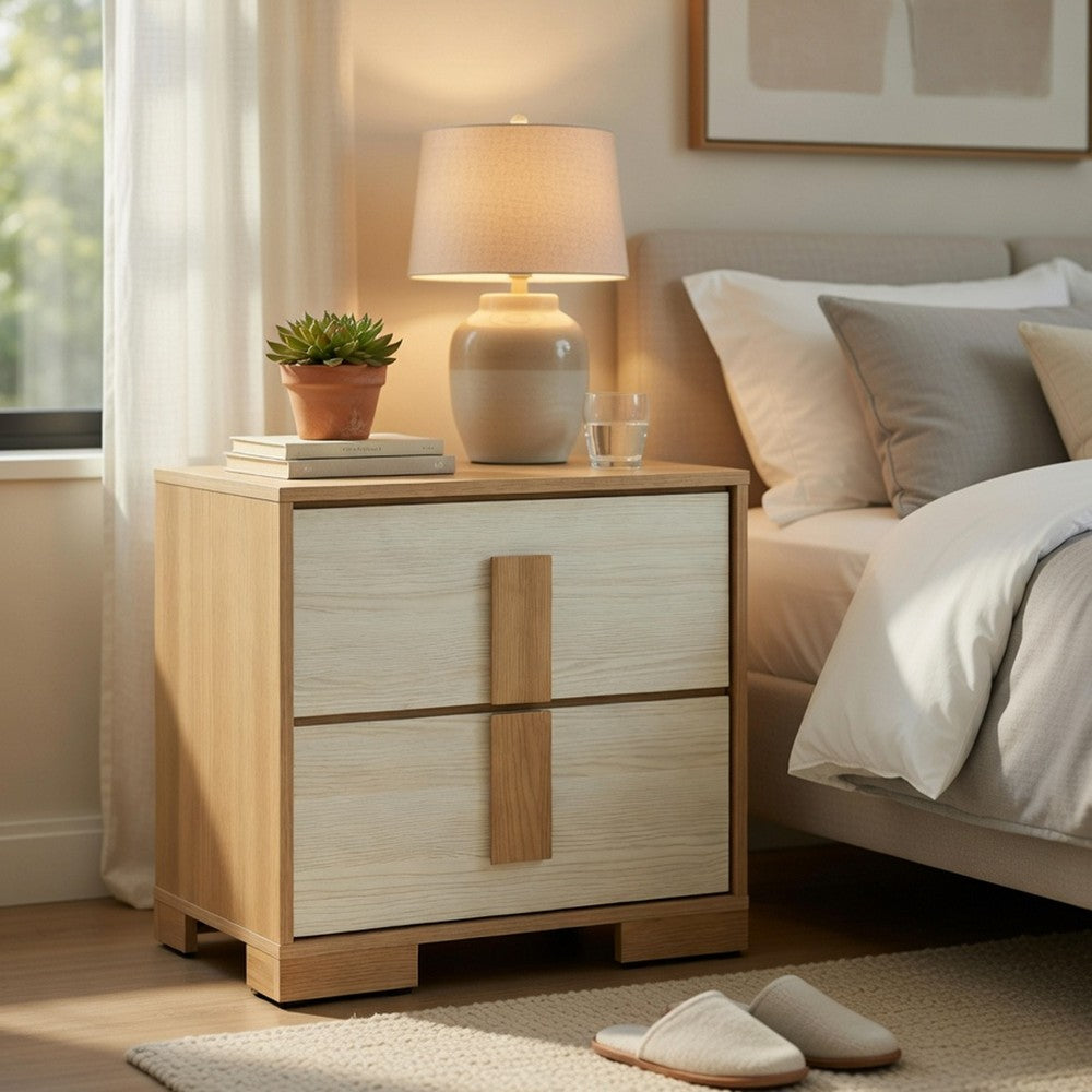 Kery Nighstand, 2 Drawers w Board Handles, Natural Brown & White Wood - BM351934