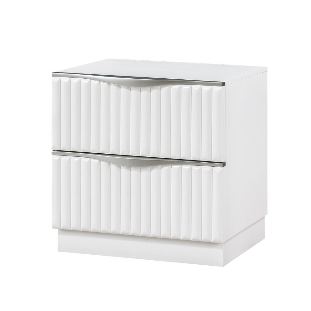 Lon Nighstand, 2 Drawers w Edge Handles, Ribbed Front, Pearl White Wood - BM351935
