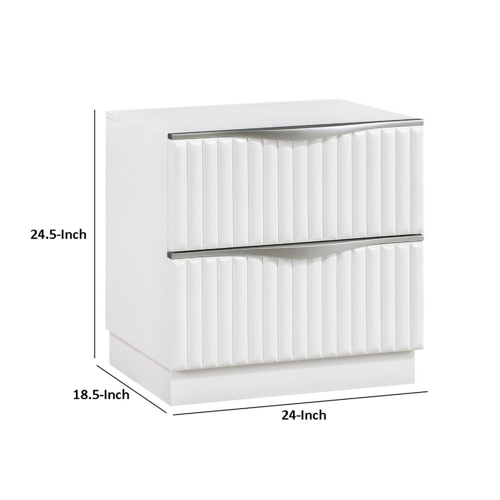 Lon Nighstand, 2 Drawers w Edge Handles, Ribbed Front, Pearl White Wood - BM351935