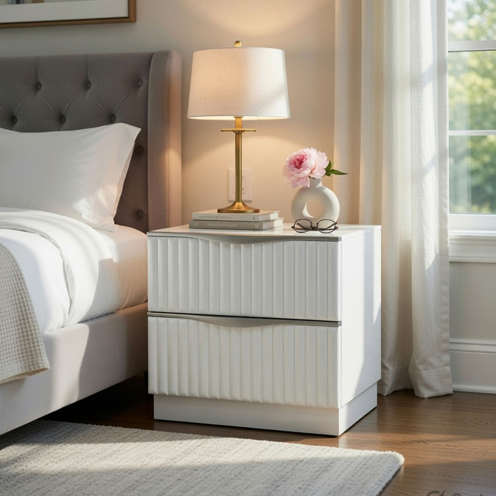 Lon Nighstand, 2 Drawers w Edge Handles, Ribbed Front, Pearl White Wood - BM351935