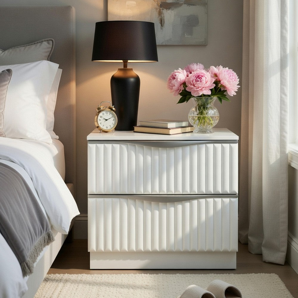 Lon Nighstand, 2 Drawers w Edge Handles, Ribbed Front, Pearl White Wood - BM351935
