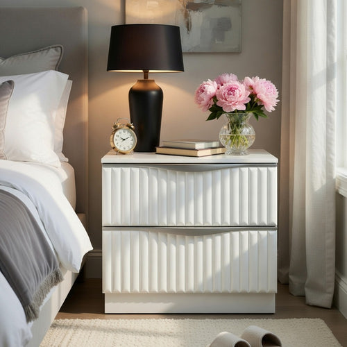 Lon Nighstand, 2 Drawers w Edge Handles, Ribbed Front, Pearl White Wood - BM351935