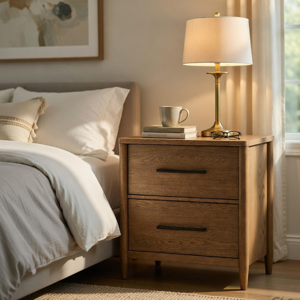 Seny Nighstand, 2 Drawers, USB Ports, Cedar Veneered Bottom Drawer, Brown - BM351936