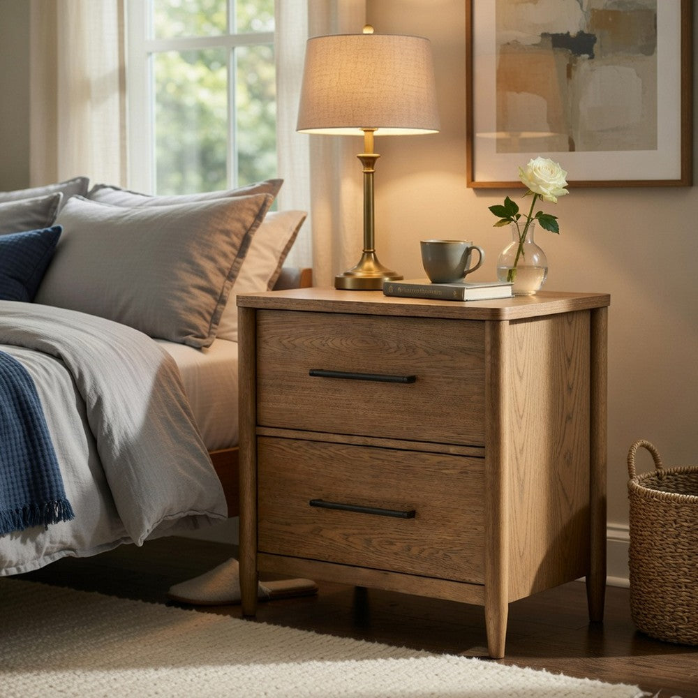 Seny Nighstand, 2 Drawers, USB Ports, Cedar Veneered Bottom Drawer, Brown - BM351936