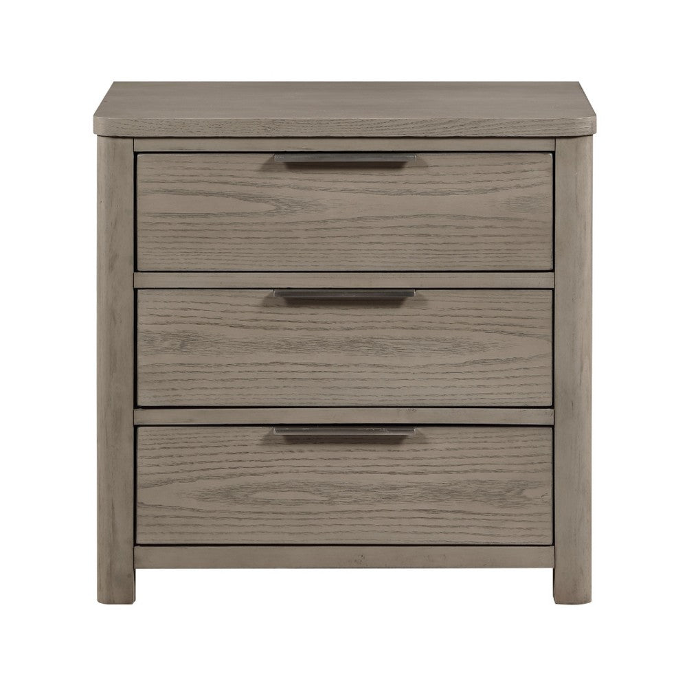 Dely Nighstand, 3 Drawers, Chrome Edge Handles, Modern Rustic Gray Wood - BM351937