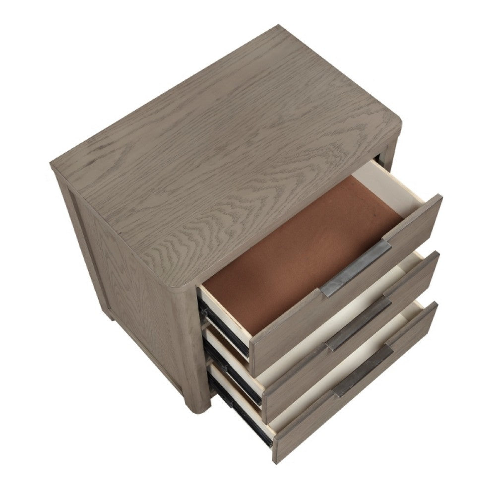 Dely Nighstand, 3 Drawers, Chrome Edge Handles, Modern Rustic Gray Wood - BM351937