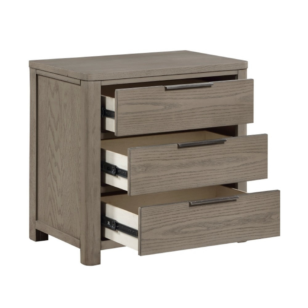Dely Nighstand, 3 Drawers, Chrome Edge Handles, Modern Rustic Gray Wood - BM351937