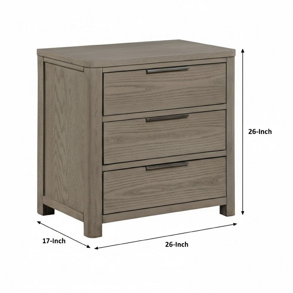 Dely Nighstand, 3 Drawers, Chrome Edge Handles, Modern Rustic Gray Wood - BM351937