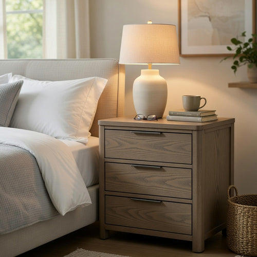 Dely Nighstand, 3 Drawers, Chrome Edge Handles, Modern Rustic Gray Wood - BM351937