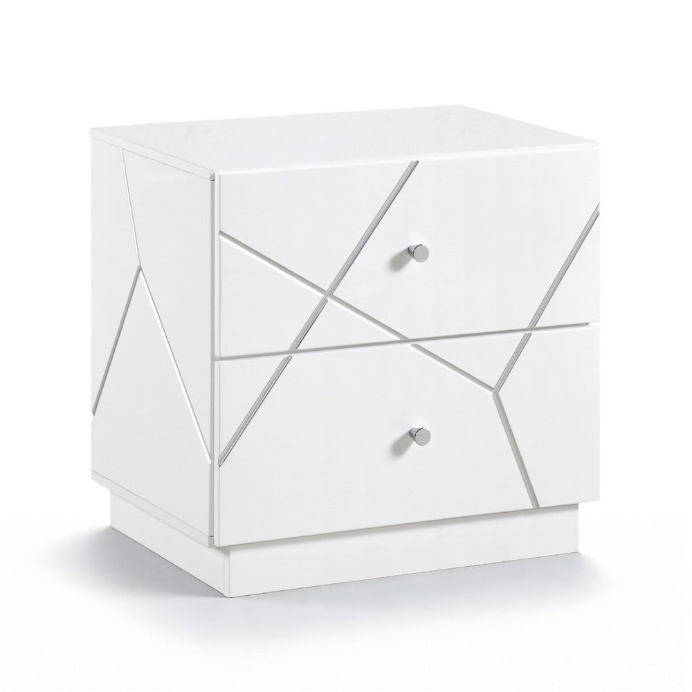 Oly Nighstand, 2 Drawers, Geometric Design, Chrome Knobs, Glossy White - BM351939