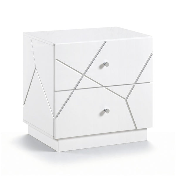 Oly Nighstand, 2 Drawers, Geometric Design, Chrome Knobs, Glossy White - BM351939