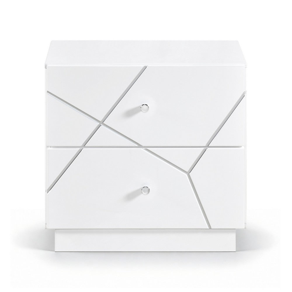 Oly Nighstand, 2 Drawers, Geometric Design, Chrome Knobs, Glossy White - BM351939