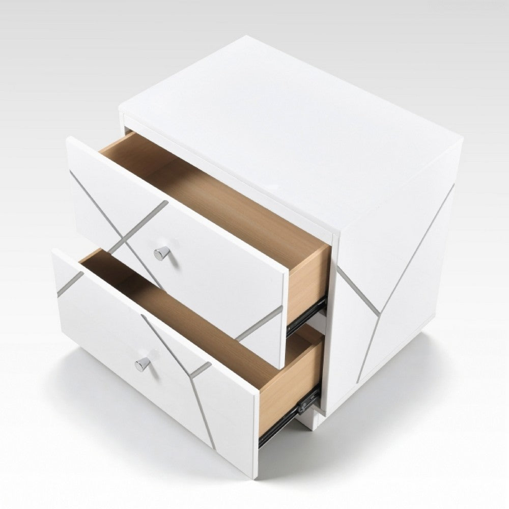 Oly Nighstand, 2 Drawers, Geometric Design, Chrome Knobs, Glossy White - BM351939
