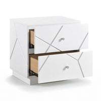 Oly Nighstand, 2 Drawers, Geometric Design, Chrome Knobs, Glossy White - BM351939