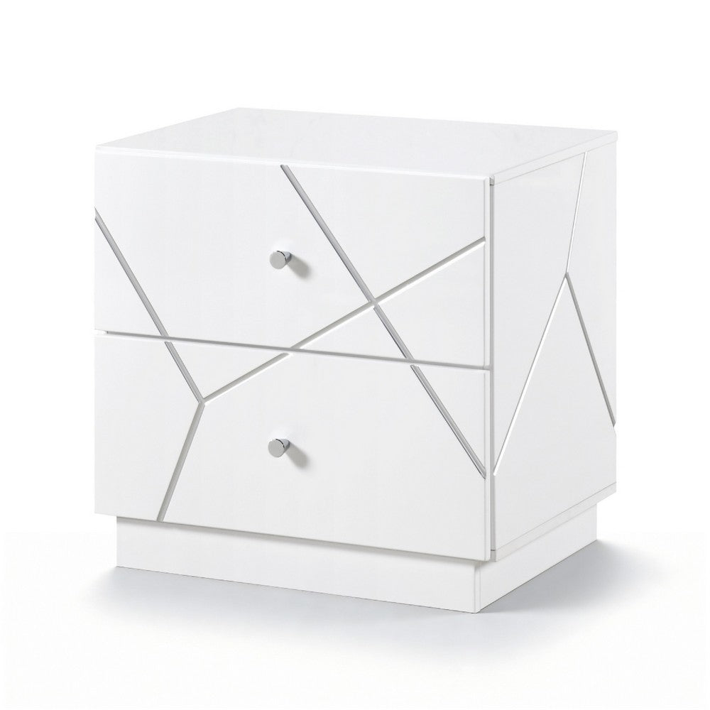 Oly Nighstand, 2 Drawers, Geometric Design, Chrome Knobs, Glossy White - BM351939