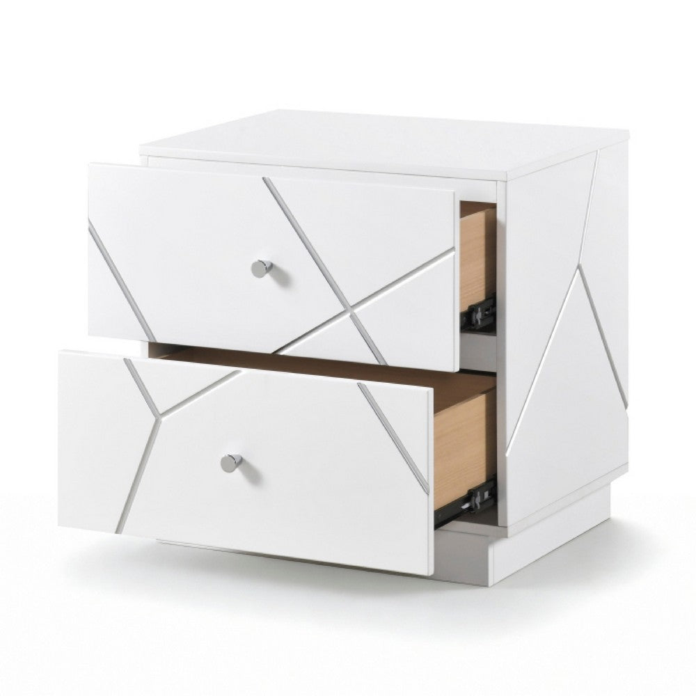 Oly Nighstand, 2 Drawers, Geometric Design, Chrome Knobs, Glossy White - BM351939