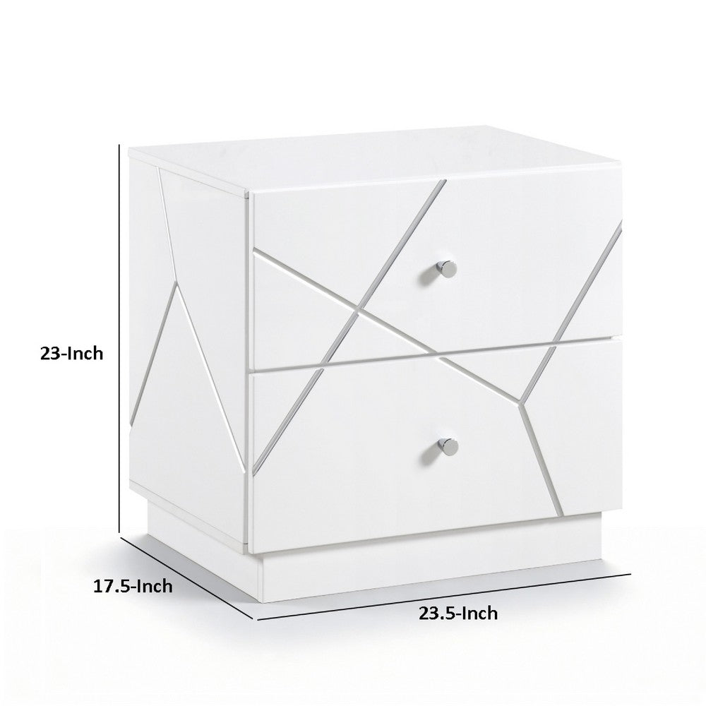 Oly Nighstand, 2 Drawers, Geometric Design, Chrome Knobs, Glossy White - BM351939