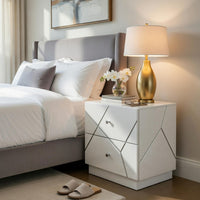 Oly Nighstand, 2 Drawers, Geometric Design, Chrome Knobs, Glossy White - BM351939