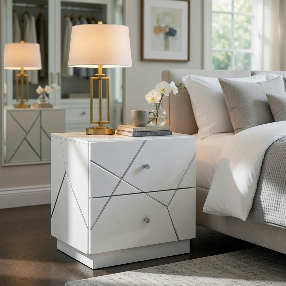 Oly Nighstand, 2 Drawers, Geometric Design, Chrome Knobs, Glossy White - BM351939